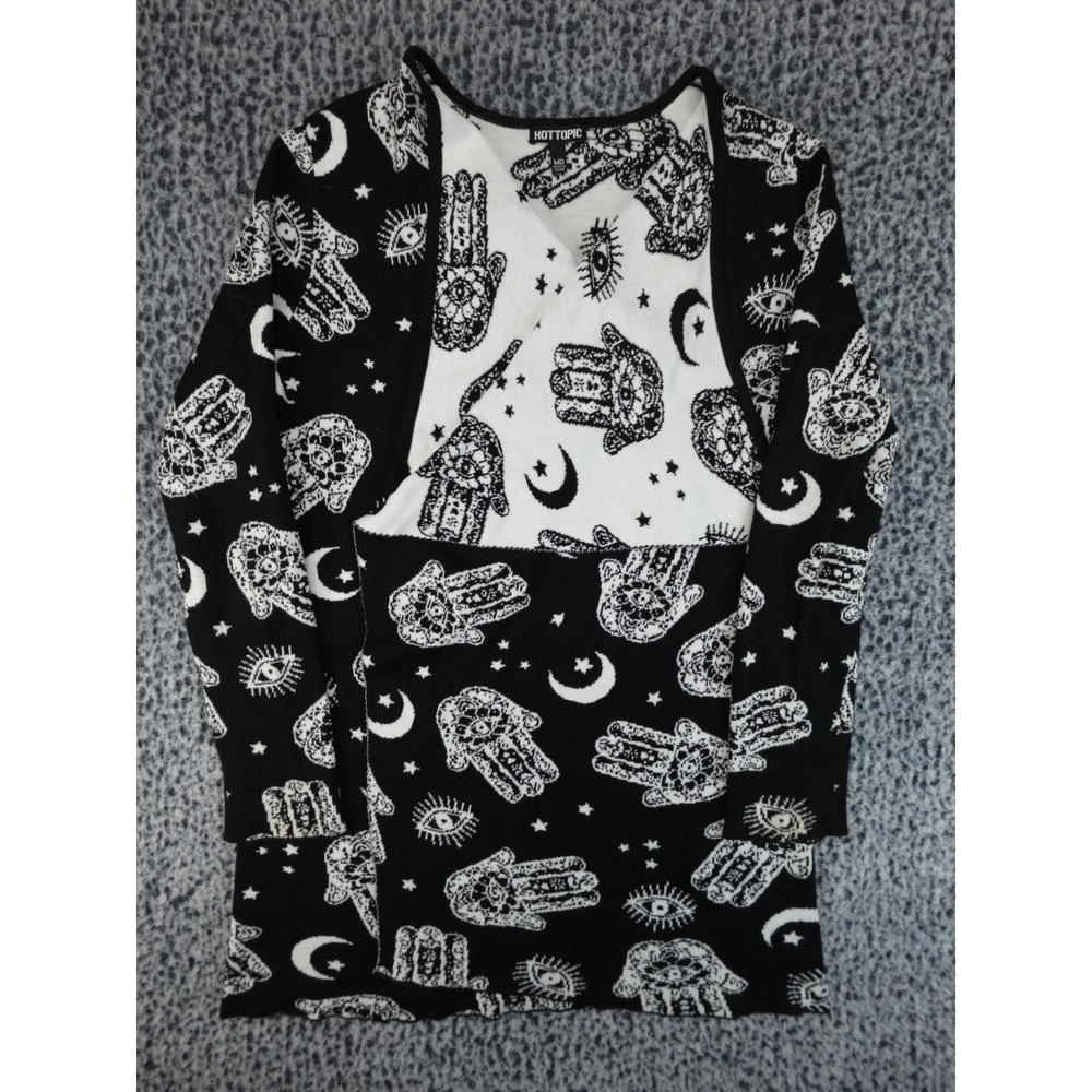 Hot Topic Cardigan Womens MD Black White Good Hamsa‎ Moon Evil Eye Draped Knit